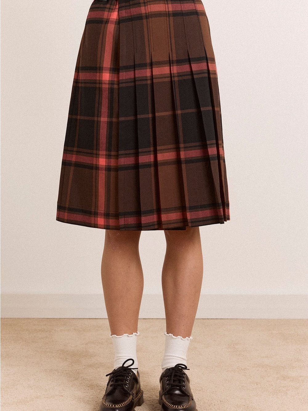 Plaid Pleated Midi Skirt in Brown and Pink
